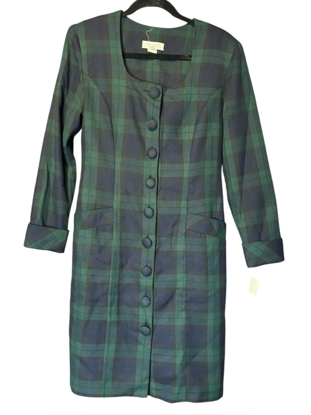 Vintage Express Plaid Green Navy Blue Button Front Dress with Pockets Size 5/6